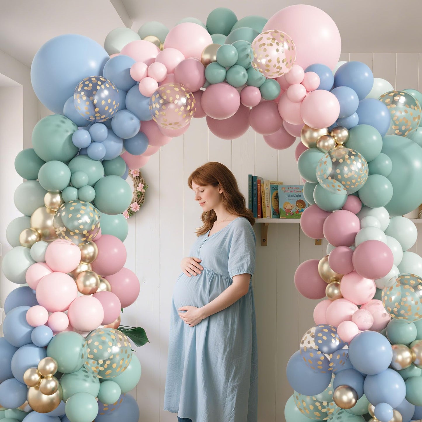 Amandir 173Pcs Pink Blue Green Balloon Arch Garland Kit, Dusty Baby Pink Mauve Pastel Mist Haze Green Blue Gold Confetti Balloons for Baby Shower Gender Reveal Wildflower Birthday Party Decorations