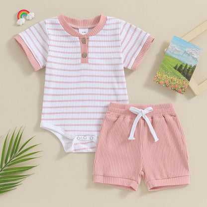 Newborn Baby Boy Girl Clothes 3 6 9 12 18 Months Ribbed Knit Short Sleeve Romper Shorts Set Infant Summer Outfits