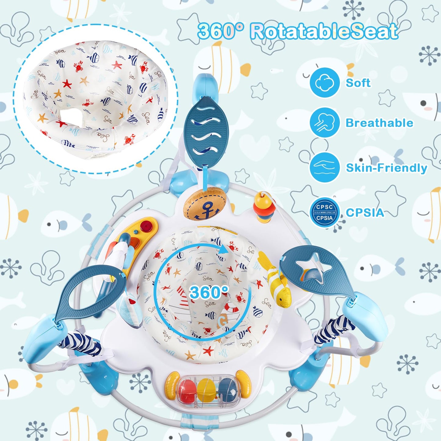 Baby Activity Center, Infant Jumpers and Bouncers with Music, Lights, Infant Toys, 360°Rotating Seat, 3 Adjustable Heights, Baby Play and Learning Center for 6+ Months