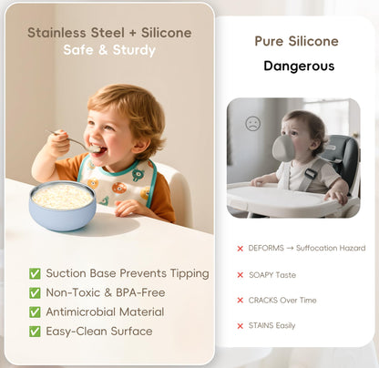Bella's Friends Stainless Steel Baby Bowls with Silicone Sleeve 3 Pack, 4.3” for Toddlers Kids Feeding, Non-Slip, Non-Toxic, Mess-Free, Dishwasher Safe, Fit High Chair Size, Rose green Khaki