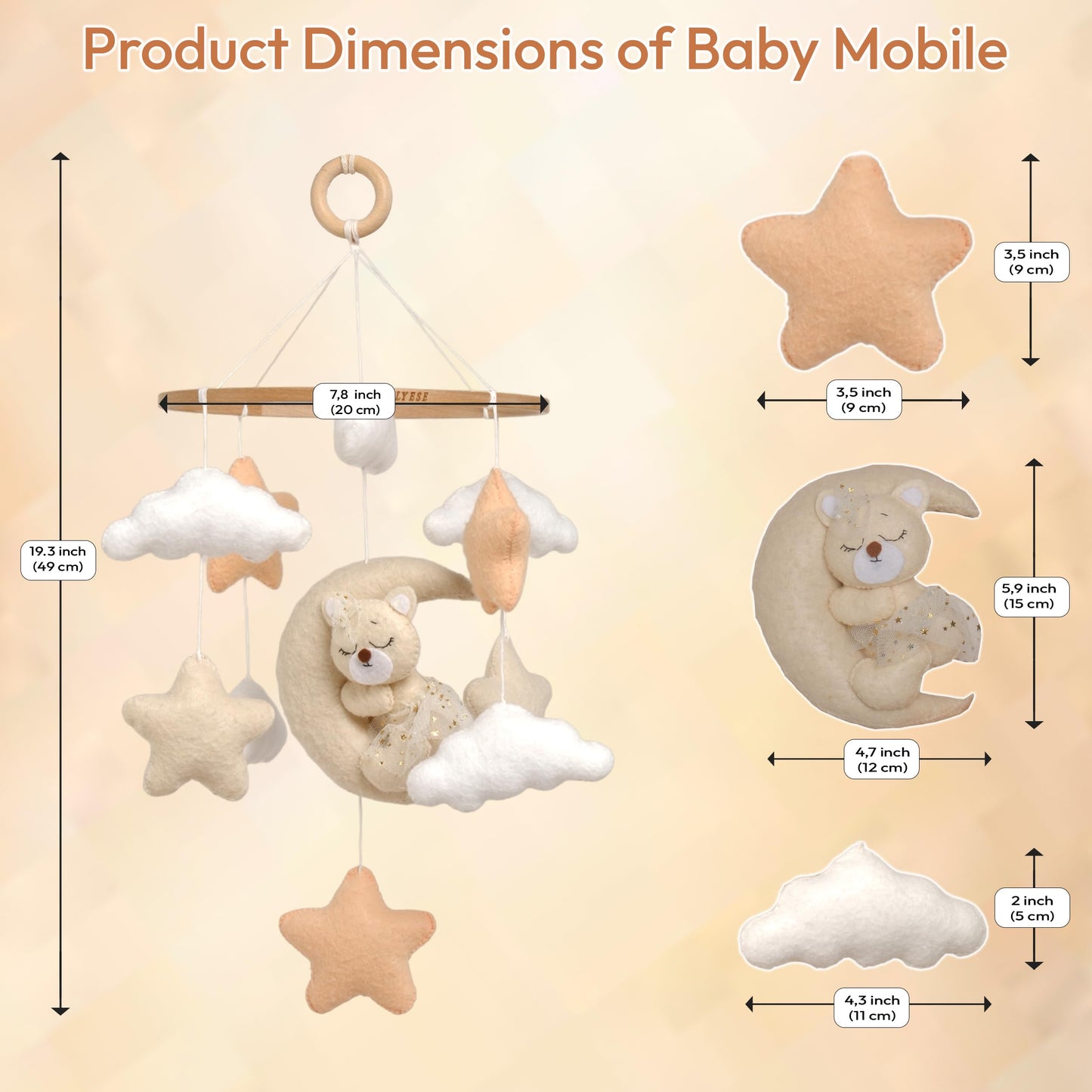 Crib Mobile for Girls, Sleeping Princess Bear Baby Mobile for Crib, Handmade Felt Crib Mobile, Baby Crib Mobile with Cloud and Stars, Nursery Baby Mobile for Bassinet (Cinnamon)