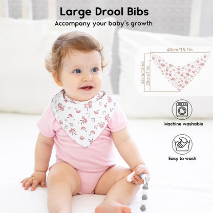 Yoofoss Muslin Baby Bibs 10 Pack Bandana Bibs 100% Cotton 6-Layer Soft Absorbent Drool Bibs for Boys and Girls, Pink Flower
