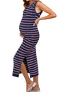 OUGES Women's 2025 Summer Maternity Dress Knit Sleeveless Crewneck Midi Dress Side Slit Striped Bodycon Sweater Dress