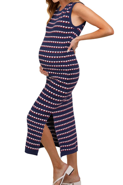 OUGES Women's 2025 Summer Maternity Dress Knit Sleeveless Crewneck Midi Dress Side Slit Striped Bodycon Sweater Dress