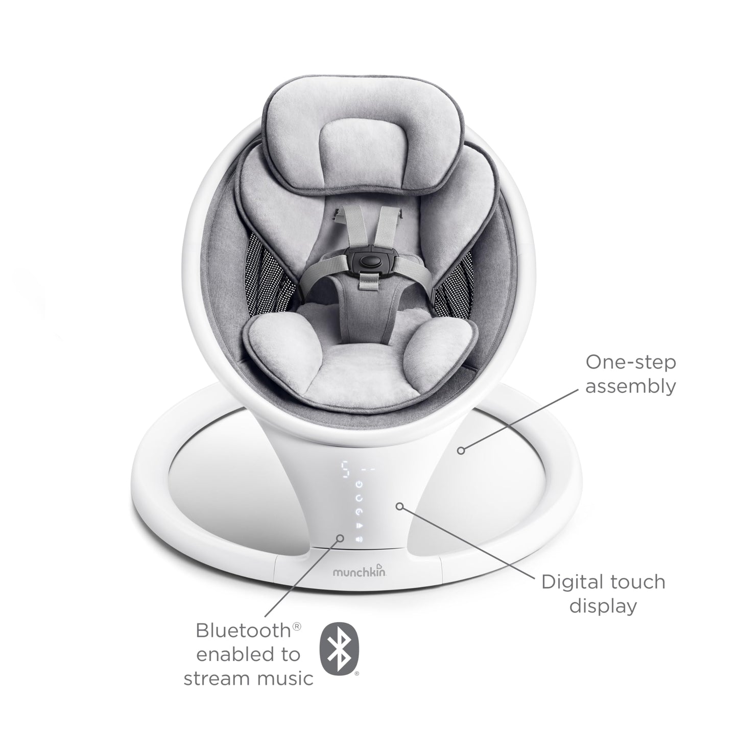 Munchkin Baby Swing, Portable and Lightweight, Bluetooth Enabled Electric Infant Rocker with Natural Sway in 5 Ranges of Motion, Newborn Nursery Essentials, White/Grey