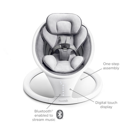 Munchkin Baby Swing, Portable and Lightweight, Bluetooth Enabled Electric Infant Rocker with Natural Sway in 5 Ranges of Motion, Newborn Nursery Essentials, White/Grey