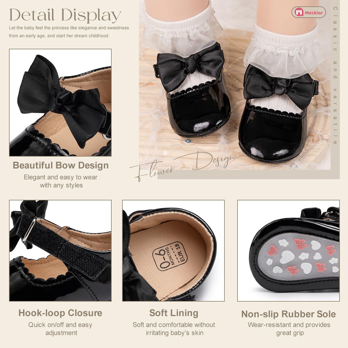 Meckior Infant Baby Girls Boys Handmade Princess Flats Toddler First Walkers Soft PU Leather Non-Slip Crib Wedding Dress Shoes