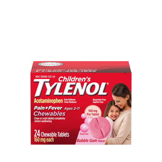 Tylenol Children's Chewables with 160 mg Acetaminophen, Pain Reliever & Fever Reducer for Kids' Cold + Flu Symptoms, Headache, Sore Throat & Toothache, Aspirin-Free, Grape Flavor, 24 ct