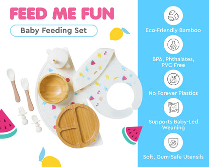 Bamboo Baby Feeding Set for Infants & Toddlers - Baby Essentials, Non-Toxic, Sustainable, Bamboo Suction Plate & Bowl, Bib, Sippy Cup w/Lid & Straw, Daily Use, Travel, Baby Shower Gifts (Pink)