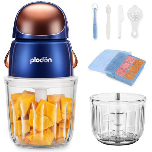 Baby Food Maker Mini Cute and Small Food Processor Puree Blender Grinder Chopper 300ml Cup Glass Bowl with 8 Blade Electric (Spaceman-Blue)