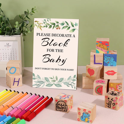 Baby Shower Games Sign Kit with 50 Blank Wooden Baby Blocks, 24 Acrylic Paint Marker and Wooden Sign, Blocks for Baby Shower, Gender Reveals Party(Green)