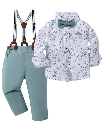 CARETOO Toddler Boy Clothes Suit Gentleman Wedding Outfits Kids Formal Dress Shirt Bowtie Long Suspender Pants Overalls 1-5T