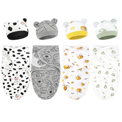 Buryeah 4 Pack Preemie Swaddle Blanket Wrap Set with Hat for Baby Boys Girls 3-7 Lbs Preemie Newborn Clothes Sleepers Cap