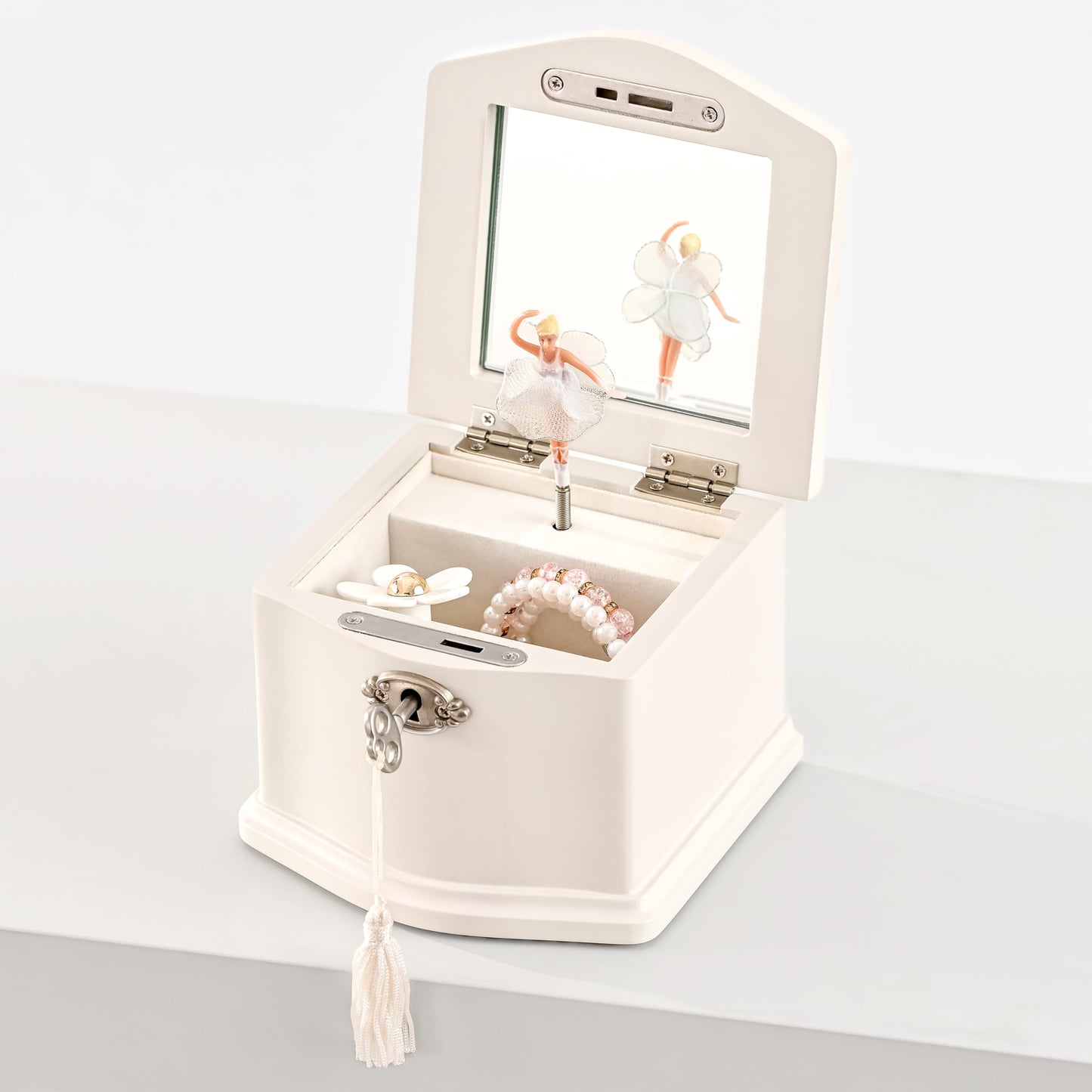 Wooden Musical Jewelry Box for girls with Mirror and Key Lock, Gift for Kids on Birthdays and Holidays (Pink, Small) (Beige, Small)