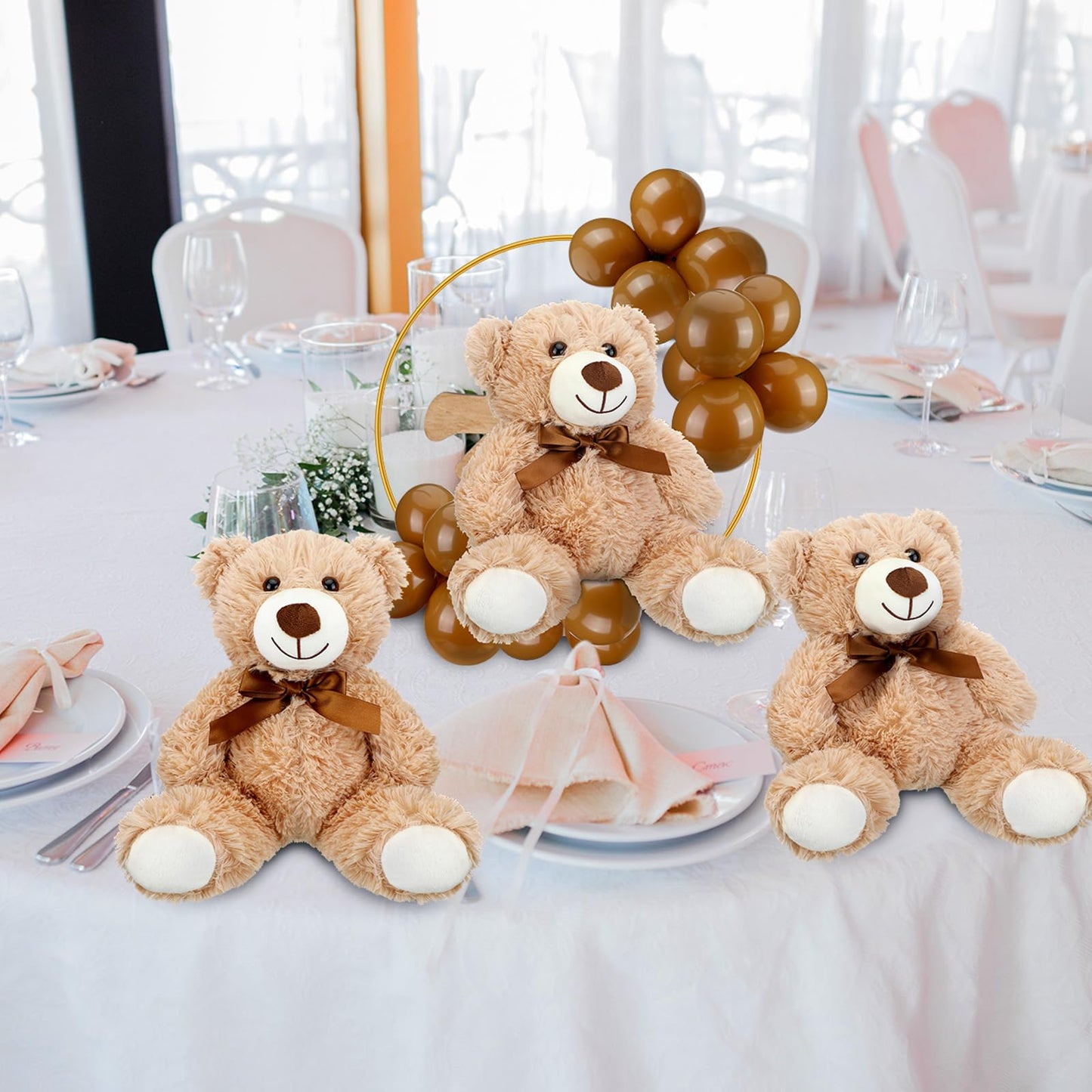 6 Sets Bear Baby Shower Table Centerpieces Bear Stuffed Animals 12 Inch Metal Floral Hoop with Stand Balloon for Wedding Baby Shower Birthday Flowers Table Decorations(Brown)