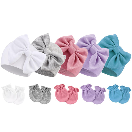 BQUBO Newborn Baby Girls Hats Mittens Set Hospital Hat Beanie Infant Bow Hats Baby Cotton Gloves for 0-6 Months