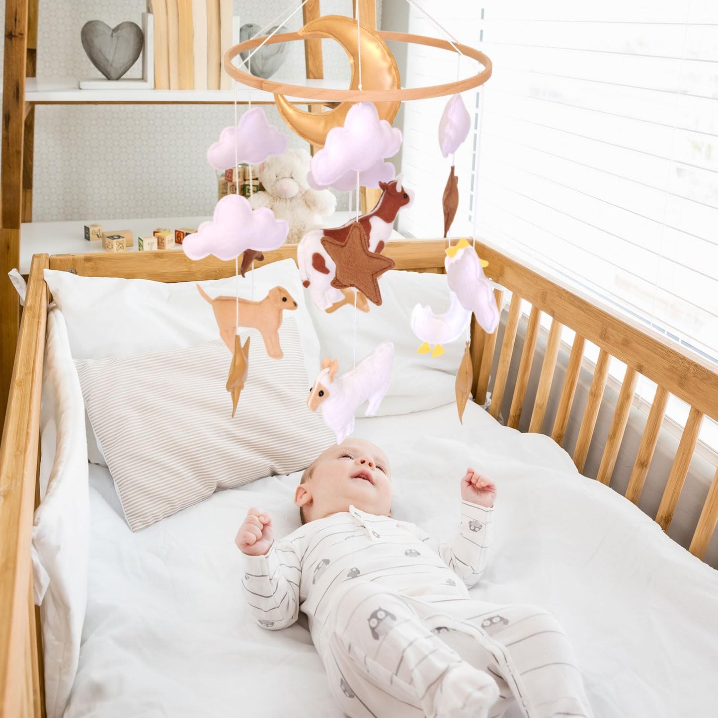 Farm Animals Baby Mobile, Mobile for Crib, Crib Mobile for Boys and Girls, Nursery Mobile for Bassinet, Pack and Play, Cows, Sheep, Golden Retriever, Goose, Moon