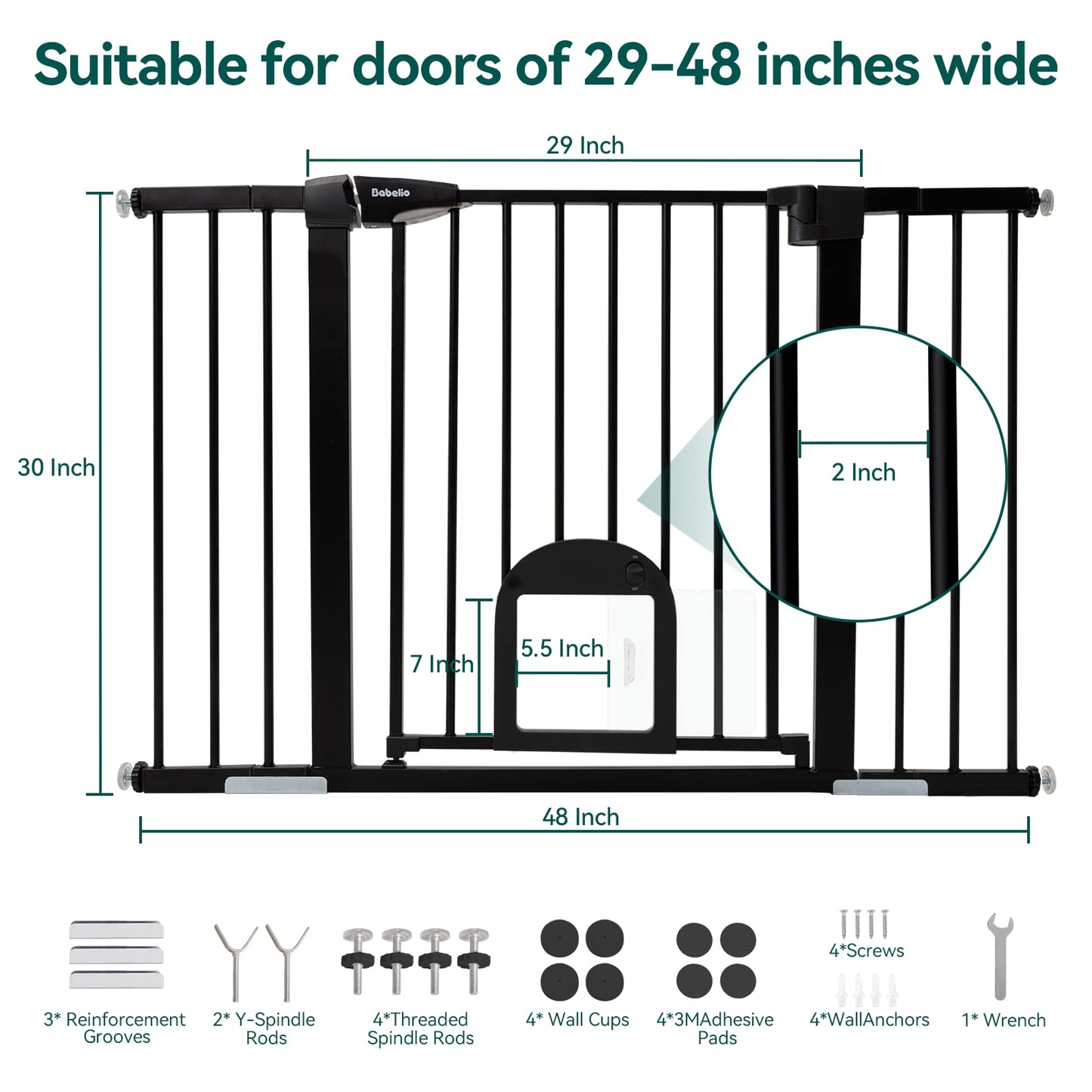 Babelio Upgraded Baby Gate with Cat Door, 29-43" Auto Close Durable Dog Gate for Stairs, Doorways and House, Easy Walk Thru Safety Gate with Pet Door Includes 4 Wall Cups, Black