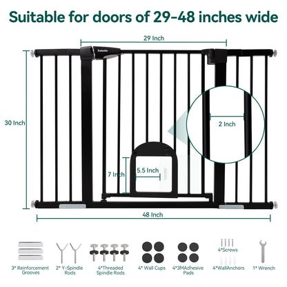Babelio Upgraded Baby Gate with Cat Door, 29-43" Auto Close Durable Dog Gate for Stairs, Doorways and House, Easy Walk Thru Safety Gate with Pet Door Includes 4 Wall Cups, Black