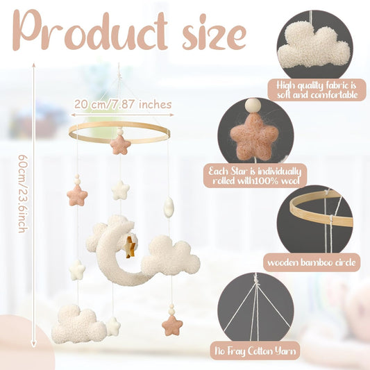 Crib Mobile for Boys Girls, Cute Stars Moon Cloud Boho Gender Neutral Hand-Crocheted Mobile for Baby Nursery Ceiling Mount Unisex