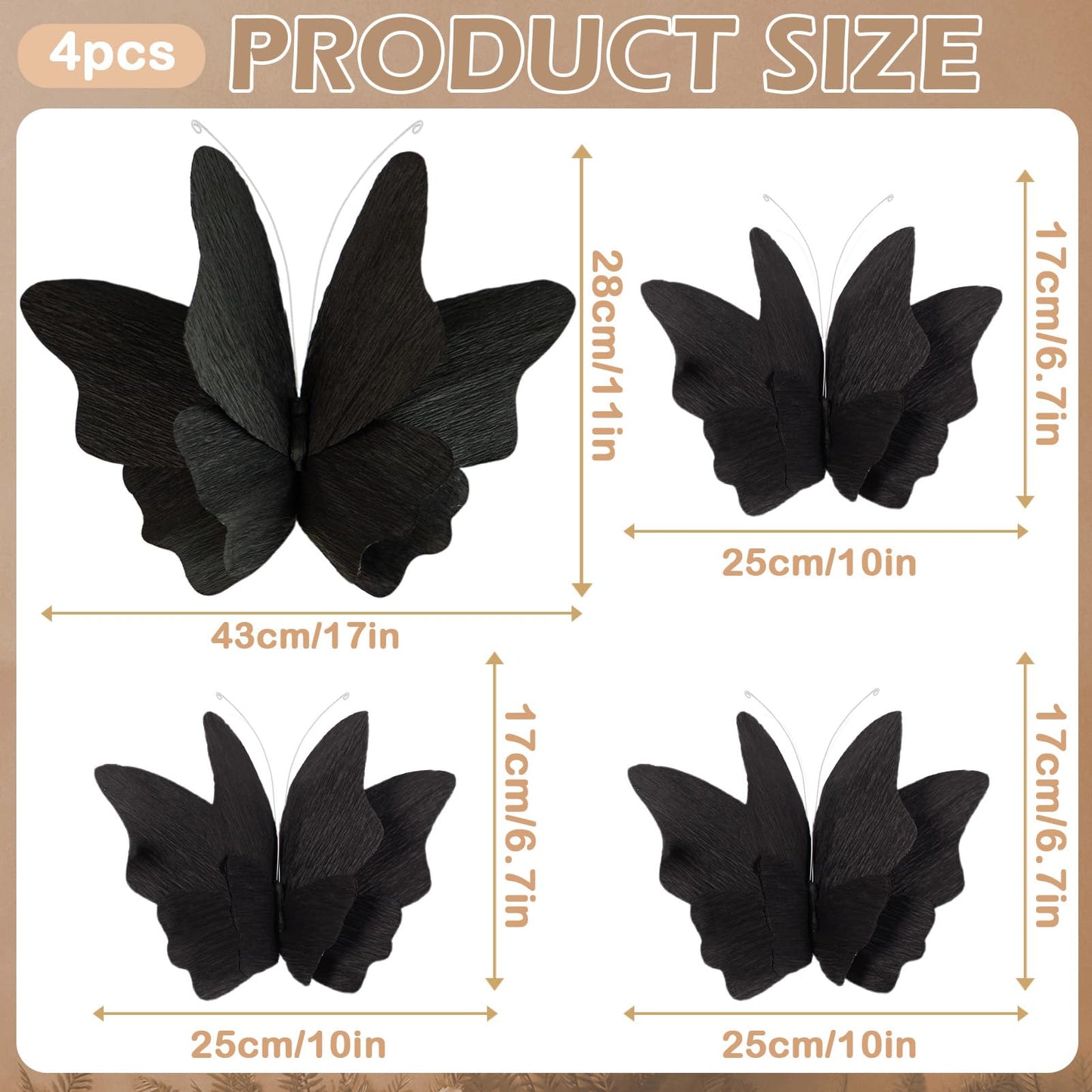 SUNBEAUTY Butterfly Party Decorations, 3D Paper Butterfly Decoration, Hanging Paper Butterfly for Baby Shower Decorations Girls, Women, Paper Flowers for Wall Decoration, Set of 4