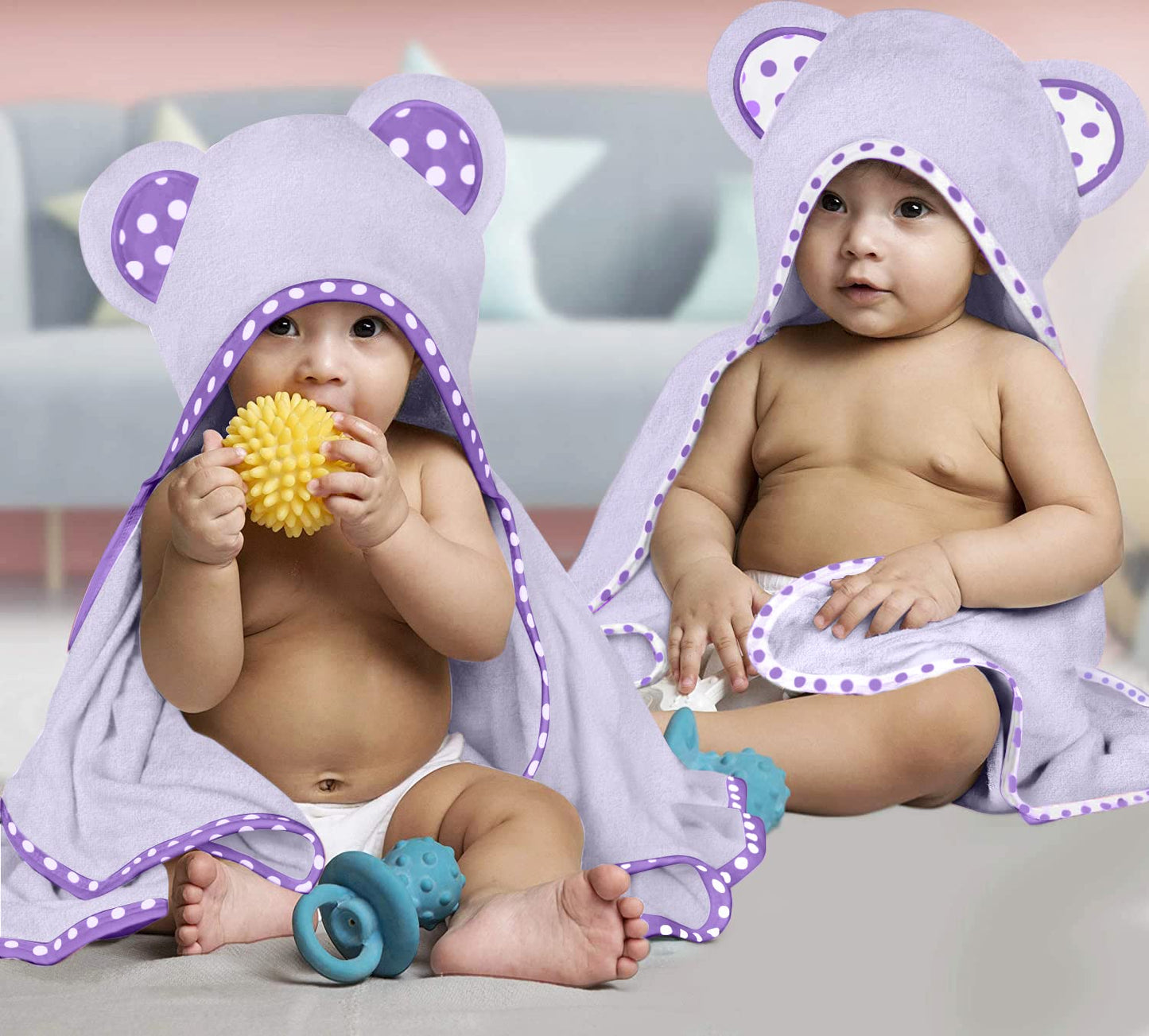 Set of 2 Hooded Baby Towels – White and Grey – Luxurious, Large and Super Absorbent – 30 x 30 Inch – Soft and Suitable for Infants, Toddlers and Kids – 400 GSM