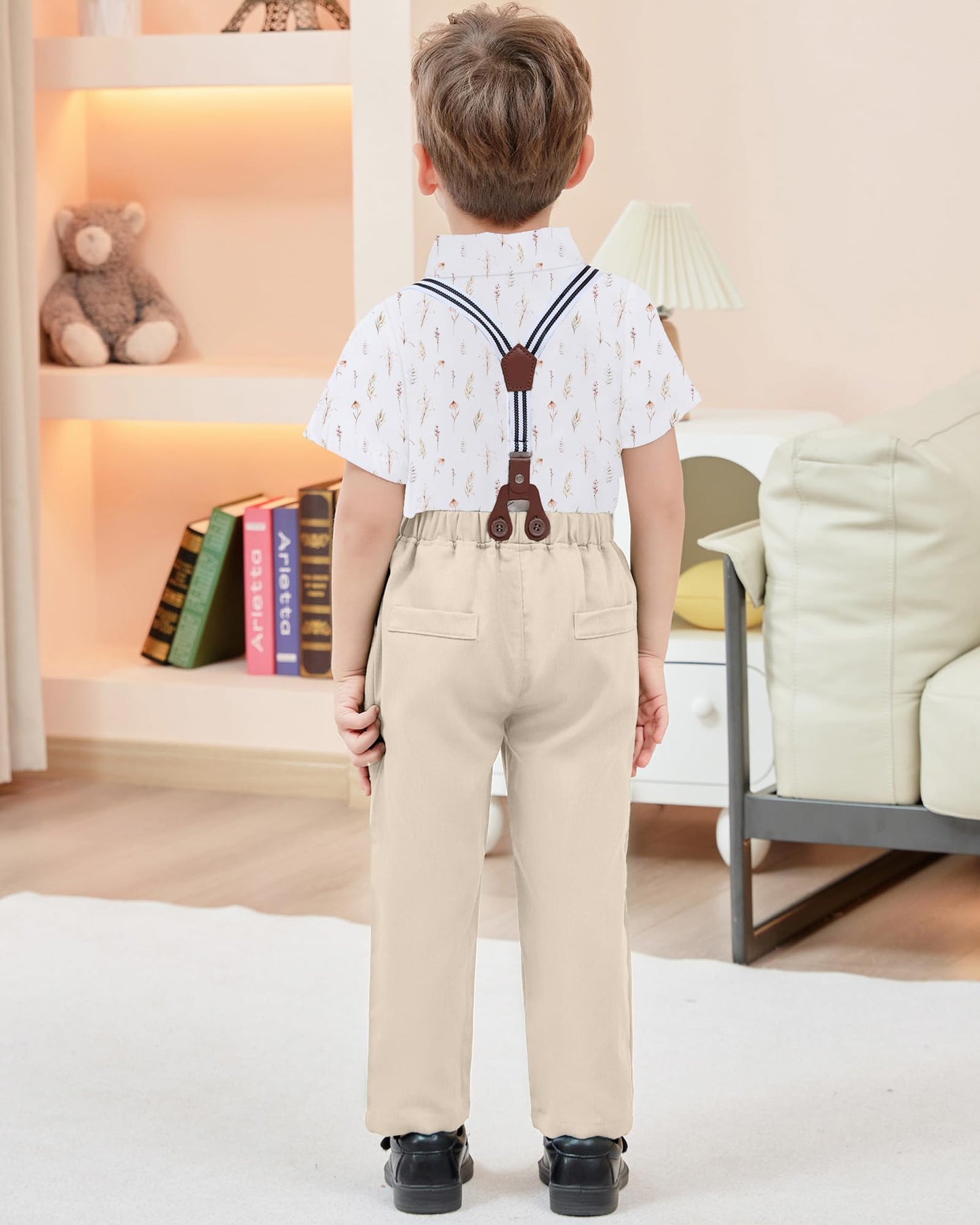 CARETOO Toddler Boy Clothes Suit Gentleman Wedding Outfits Kids Formal Dress Shirt Bowtie Long Suspender Pants Overalls 1-5T