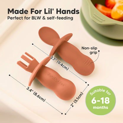 KeaBabies 4-Pack Silicone Baby Spoons and Forks Set - Baby Led Weaning Utensils 6-12 Months, Self Feeding Toddler Spoon & Fork for Training, Teething, Easy to Hold, BPA-Free Silicone (Roseate)