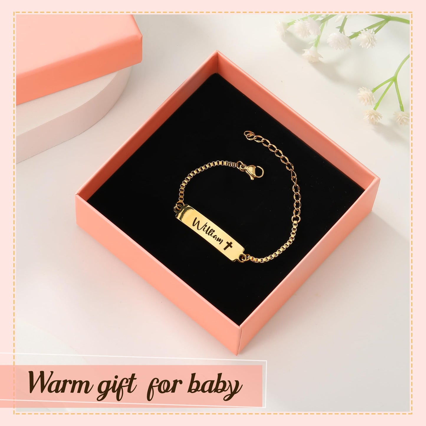Personalized Baby Name Bracelet, 18K Gold Plated Customized Bracelets Id Protection Bracelet New Born Birthday Gift for Toddler Girls Boys