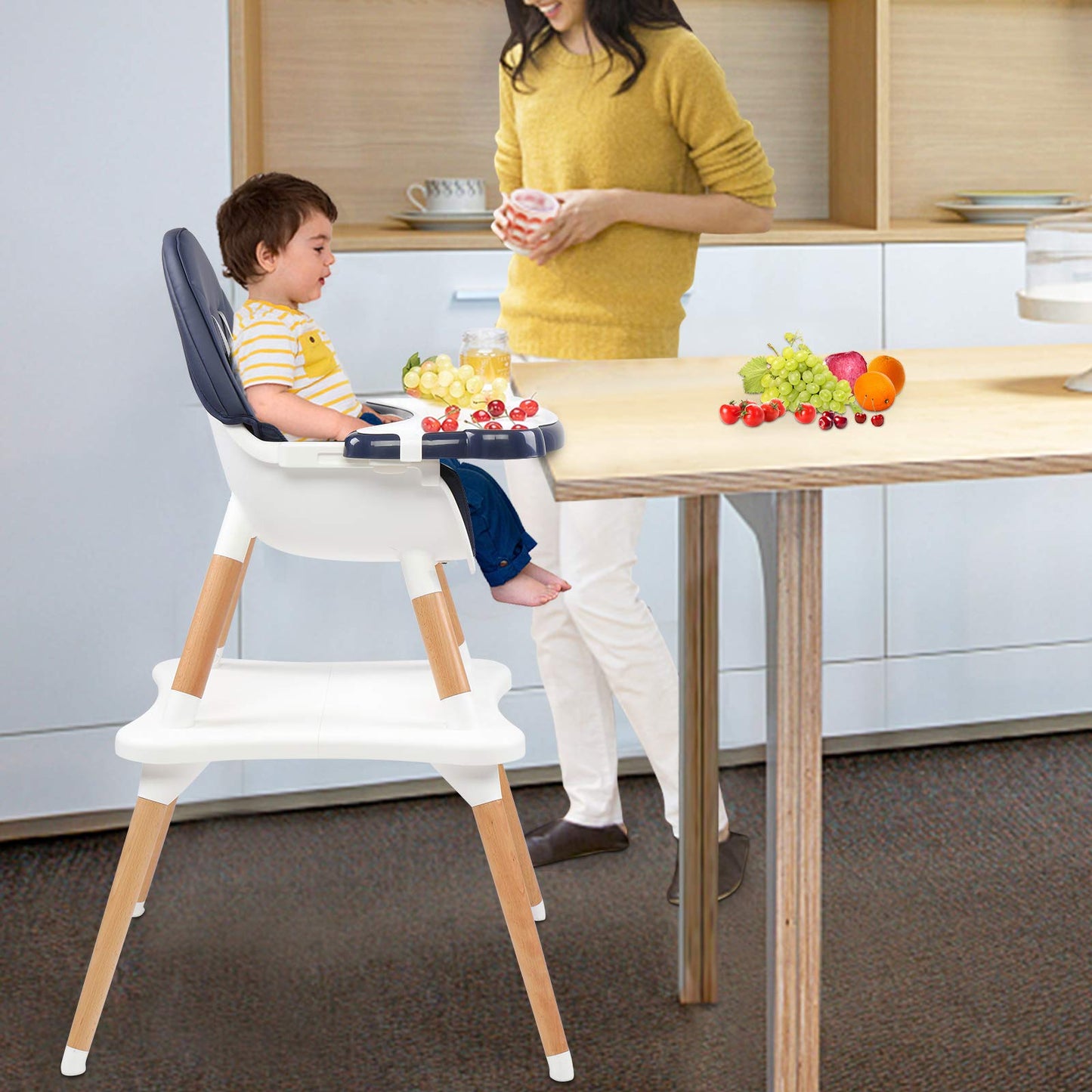 JOYMOR 5-in-1 Convertible Baby High Chair for Babies and Toddlers, Table and Chair Set, Wooden Infant Eating Highchair with Leather Seat Cushion, 4-Position Removeable & Adjustable Tray (Biege)