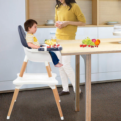 JOYMOR 5-in-1 Convertible Baby High Chair for Babies and Toddlers, Table and Chair Set, Wooden Infant Eating Highchair with Leather Seat Cushion, 4-Position Removeable & Adjustable Tray (Biege)