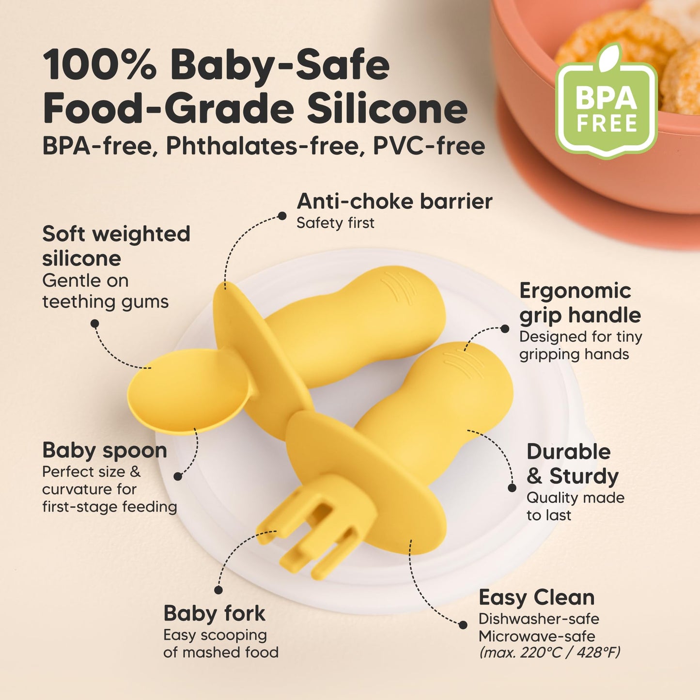 KeaBabies 4-Pack Silicone Baby Spoons and Forks Set - Baby Led Weaning Utensils 6-12 Months, Self Feeding Toddler Spoon & Fork for Training, Teething, Easy to Hold, BPA-Free Silicone (Roseate)