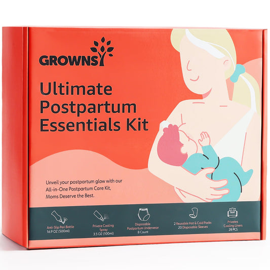 Grownsy Postpartum Essentials Recovery Kit for Labor & Delivery | Postpartum Kit for Women | Includes Upside Down Peri Bottle, Perineal Spray, Cooling Pad Liners, Ice Packs & Disposable Underwear