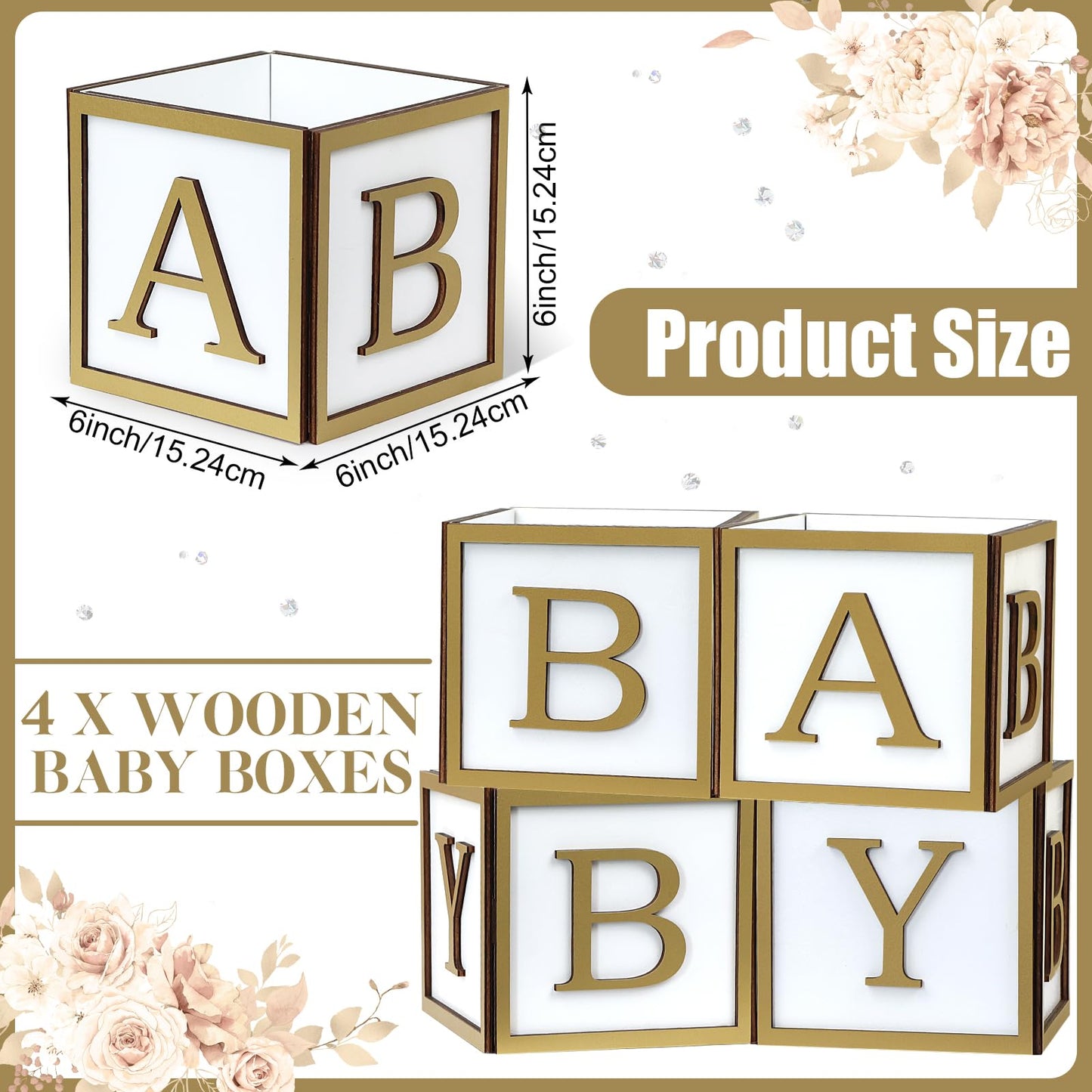 4 Set Baby Shower Centerpieces for Tables - 6 inch Wooden Boxes with Baby Letters Rustic Cube Planter Wood Blocks for Boy Girl Gender Reveal Party Favor (Blue)