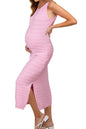 OUGES Women's 2025 Summer Maternity Dress Knit Sleeveless Crewneck Midi Dress Side Slit Striped Bodycon Sweater Dress