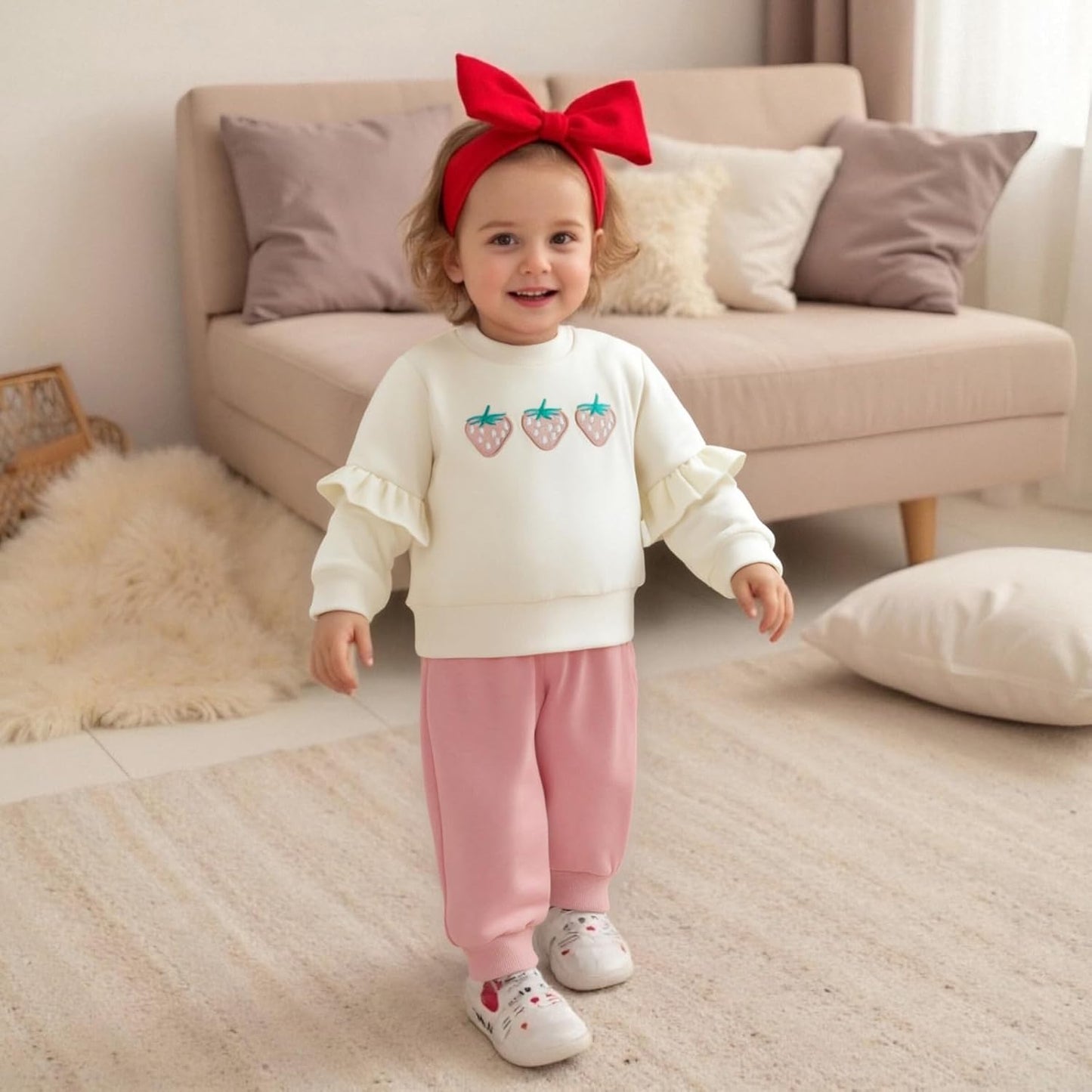 Kupretty Baby Girl Clothes Toddler Fall Winter Outfit Ruffles Crewneck Bow Pullover Sweatshirt + Joggers Pants Set