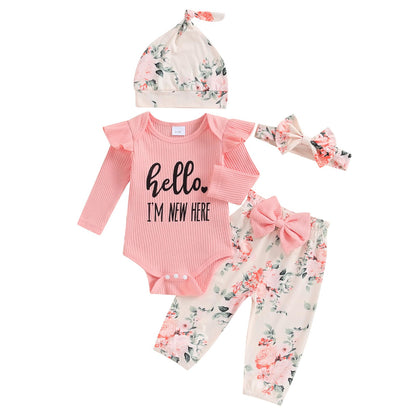 Hello World Newborn Outfit Baby Girl Going Home Outfit Ruffle Ribbed Romper Top Floral Pants Set Cute Summer Clothes
