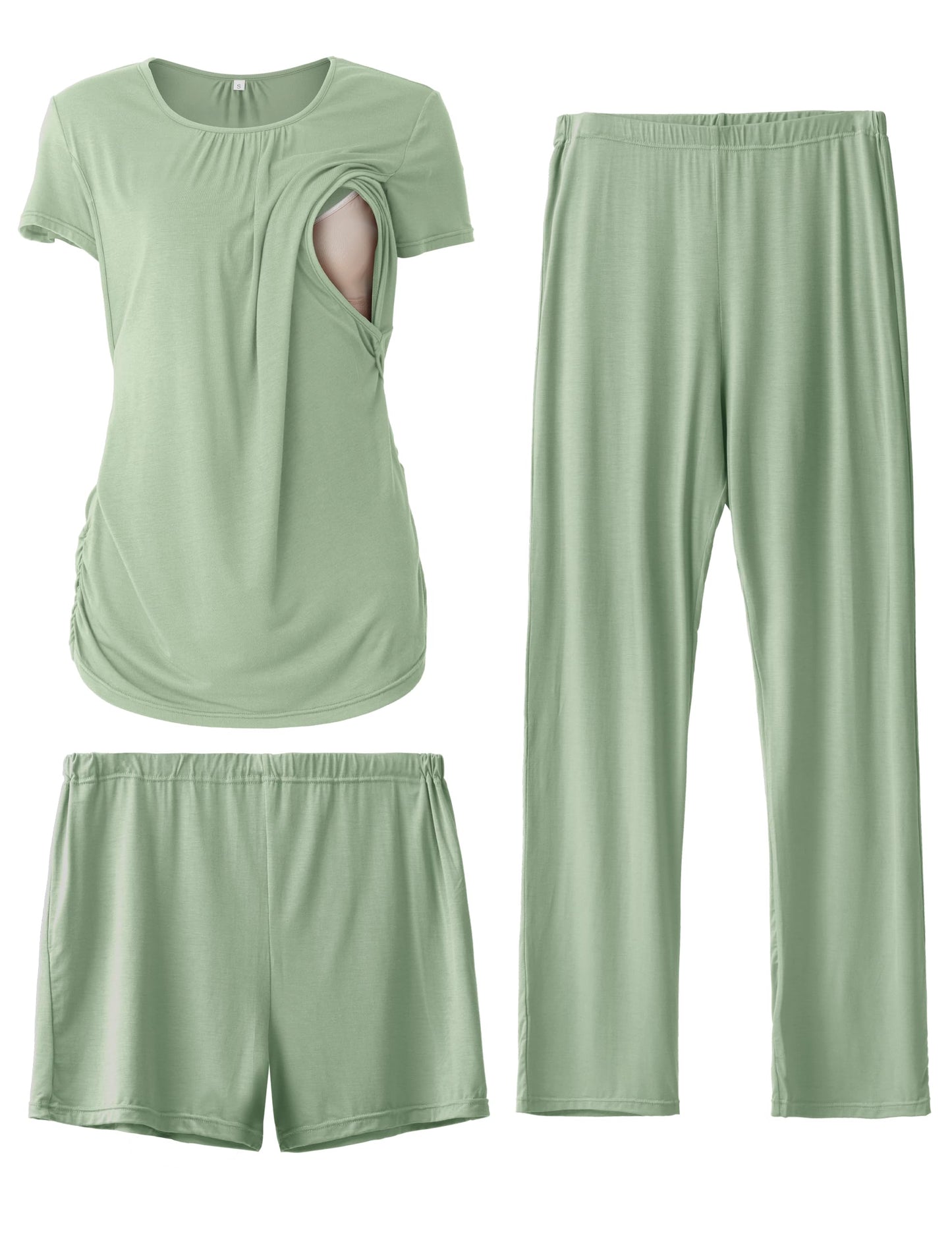 SUNNYBUY Womens Maternity Nursing Pajamas Set, Short Sleeve Breastfeeding Shirts，Pregnancy Shorts & Pants 3 Piece Nursing PJS