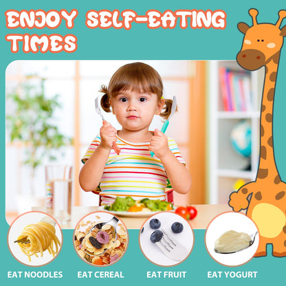lohodo Toddler Utensils Kids Spoon and Fork Set 18/8 Stainless Steel Silverware BPA Free Pink & Purple Cute Giraffe Child Flatware with Travel Case for Age 3+