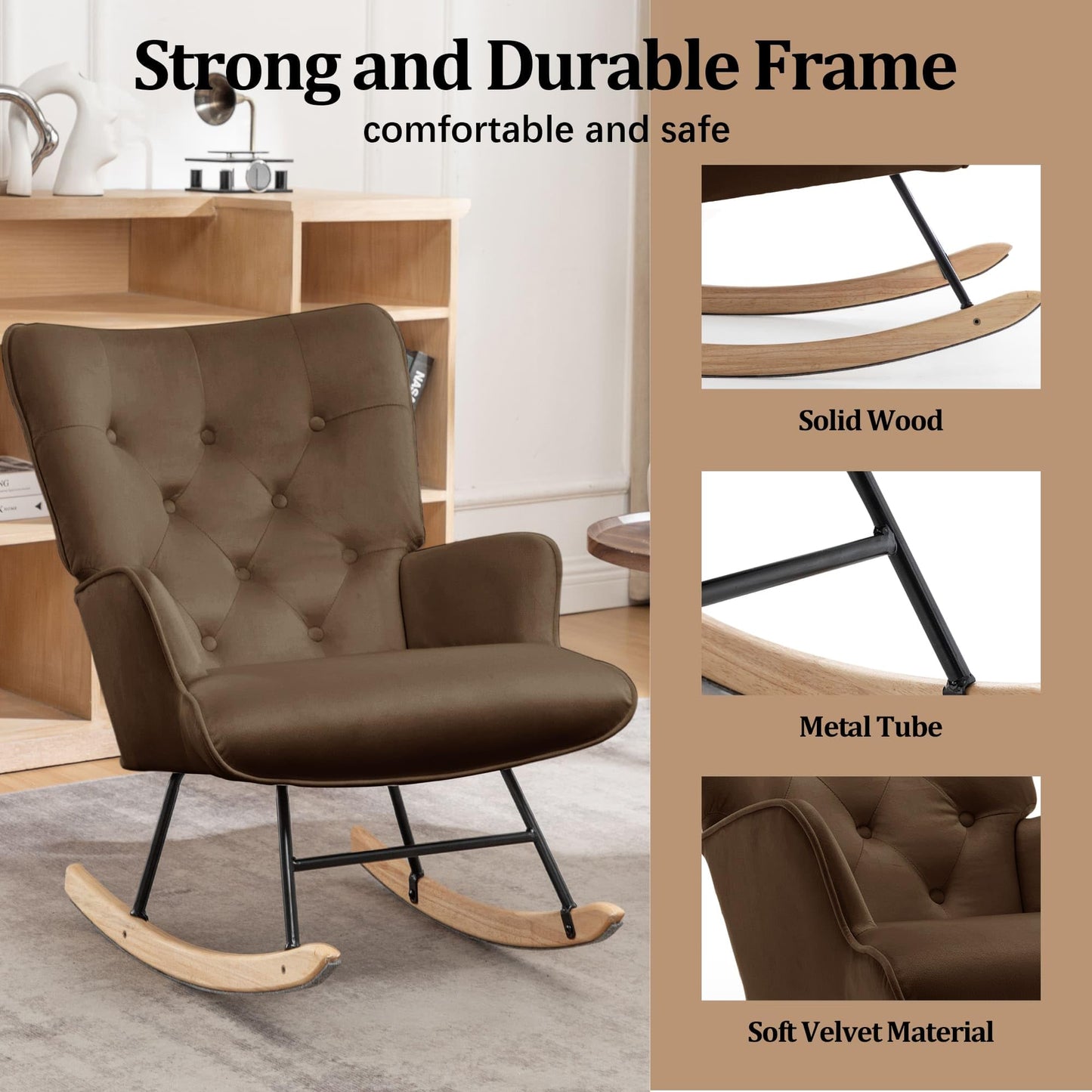 Rocking Chair for Nursery, Comfy Velvet Fabric Glider Rocker, Reading Chair with Support Seating and Side Pockets, Rocking Recliner Chair for Living Room, Bedroom, Balcony, Creamy Beige