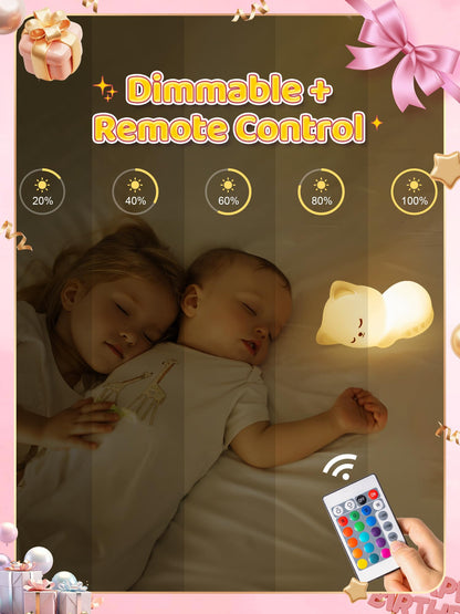 Mubarek Night Light for Kids, 16 Colors Dimmable Kids Night Light lamp, Remote Silicone Night Light for Baby Nursery, Rechargeable Cute Lamp Cat Lamp,Timer Toddler Night Light,Nightlight for Kids Room