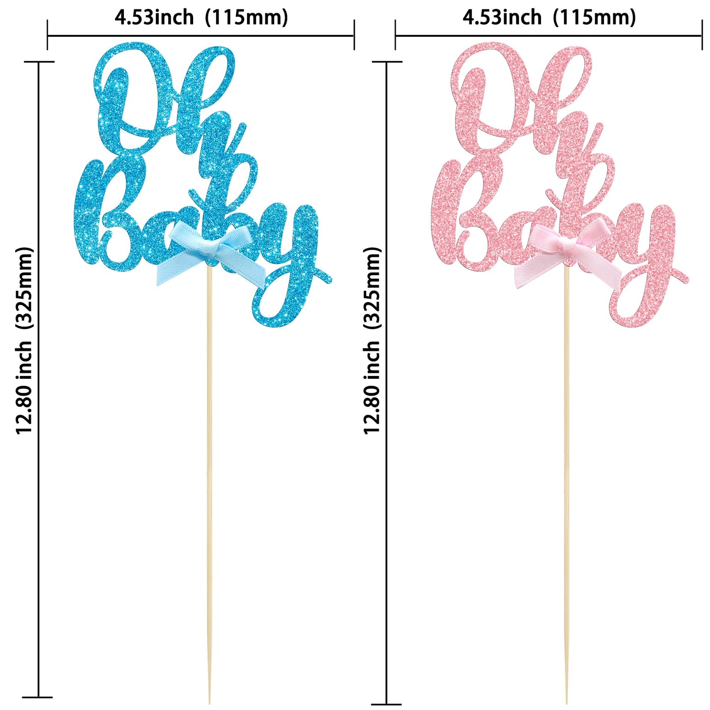 Gyufise 12Pcs Oh Baby Centerpiece Sticks Double Sided Blue Pink Bow Glitter Baby Shower Cupcake Picks Gender Reveal Table Flower Centerpieces for Baby Shower Birthday Party Supplies Gold