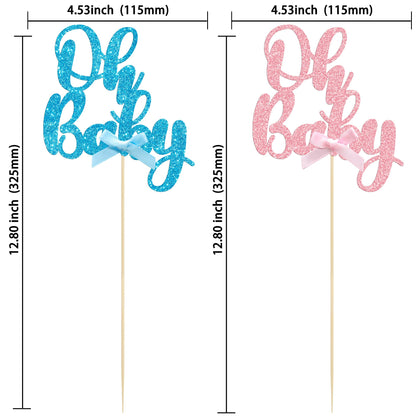 Gyufise 12Pcs Oh Baby Centerpiece Sticks Double Sided Blue Pink Bow Glitter Baby Shower Cupcake Picks Gender Reveal Table Flower Centerpieces for Baby Shower Birthday Party Supplies Gold