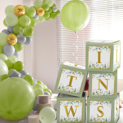 Marspark 5 Pcs Twins Baby Shower Boxes Decorations Supplies Sage Green Baby Boxes for Twins Balloon Boxes Gender Reveal Baby Shower Birthday Party Favors