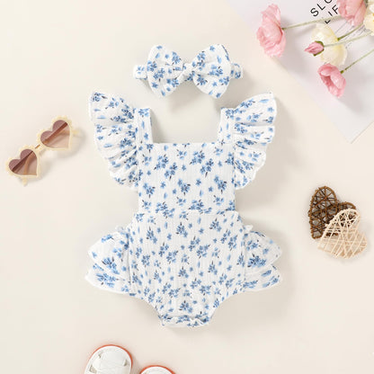 Happy Town Baby Girl Clothes Toddler Summer Linen Romper Sleeveless Ruffle Outfits Infant Girls Jumpsuit with Headband