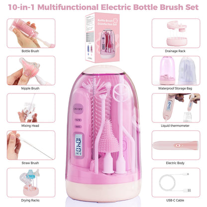 Electric Bottle Brush Cleaner,Rechargable Baby Bottle Brush with Thermometer,Drying Rack,Waterproof Baby Bottle Cleaner with Nipple&Straw Brush,Perfect Essentials Gift for New Mom (Violet)