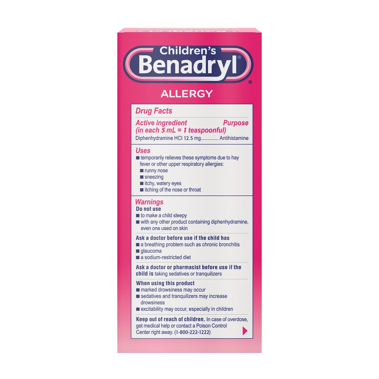 Benadryl Children's Dye-Free Allergy Relief Liquid + 12.5 mg Diphenhydramine HCl, Antihistamine Allergy Medicine for Kids Helps Relieve Runny Nose & Sneezing, Bubble Gum Flavor, 8 fl. oz