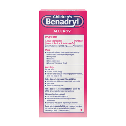 Benadryl Children's Dye-Free Allergy Relief Liquid + 12.5 mg Diphenhydramine HCl, Antihistamine Allergy Medicine for Kids Helps Relieve Runny Nose & Sneezing, Bubble Gum Flavor, 8 fl. oz