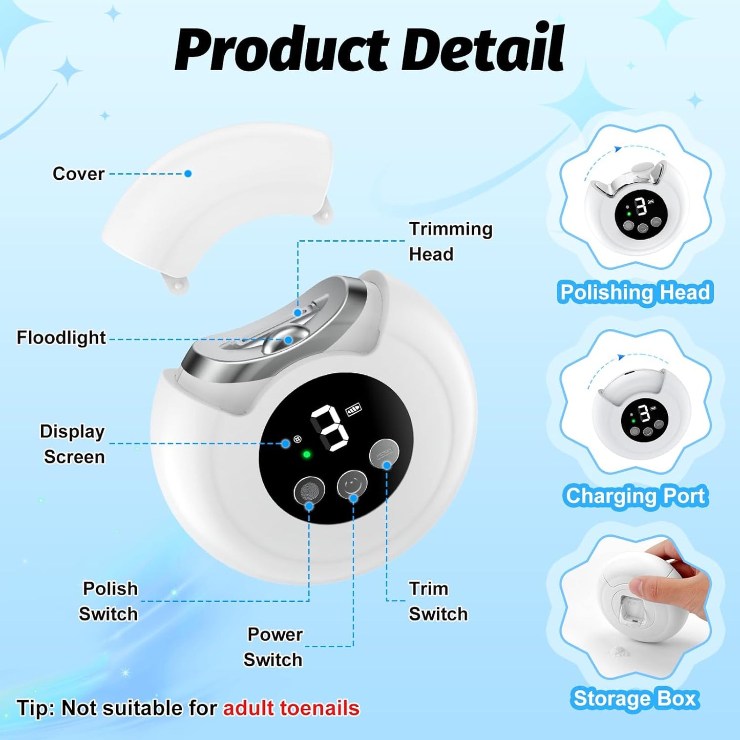 Electric Nail Clipper, Baby Nail Clipper with Nail File & 3 Speed Gears, Electric Nail Trimmer with LED Light & Storage Box, Wireless Automatic Nail Clippers for Baby, Adult, Seniors