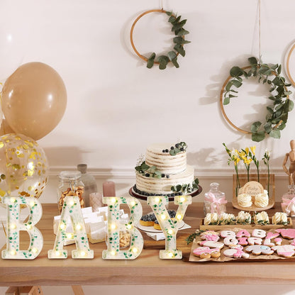 Woodland Greenery Centerpieces Baby Marquee Light up Sign Letters 8.26'' Baby Shower Letter Battery Operated Gender Reveal Birthday Party Decor for Home Table(Eucalyptus Leaf Baby,Green)